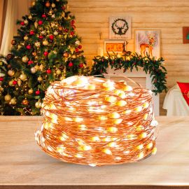Новогодняя гирлянда светодиодная Xmas "Роса" на батарейках 10 м медный провод (Теплое свечение)