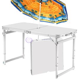 Туристичний розкладний посилений стіл для пікніка з парасолькою 1,6 метра, складається у валізу Білий